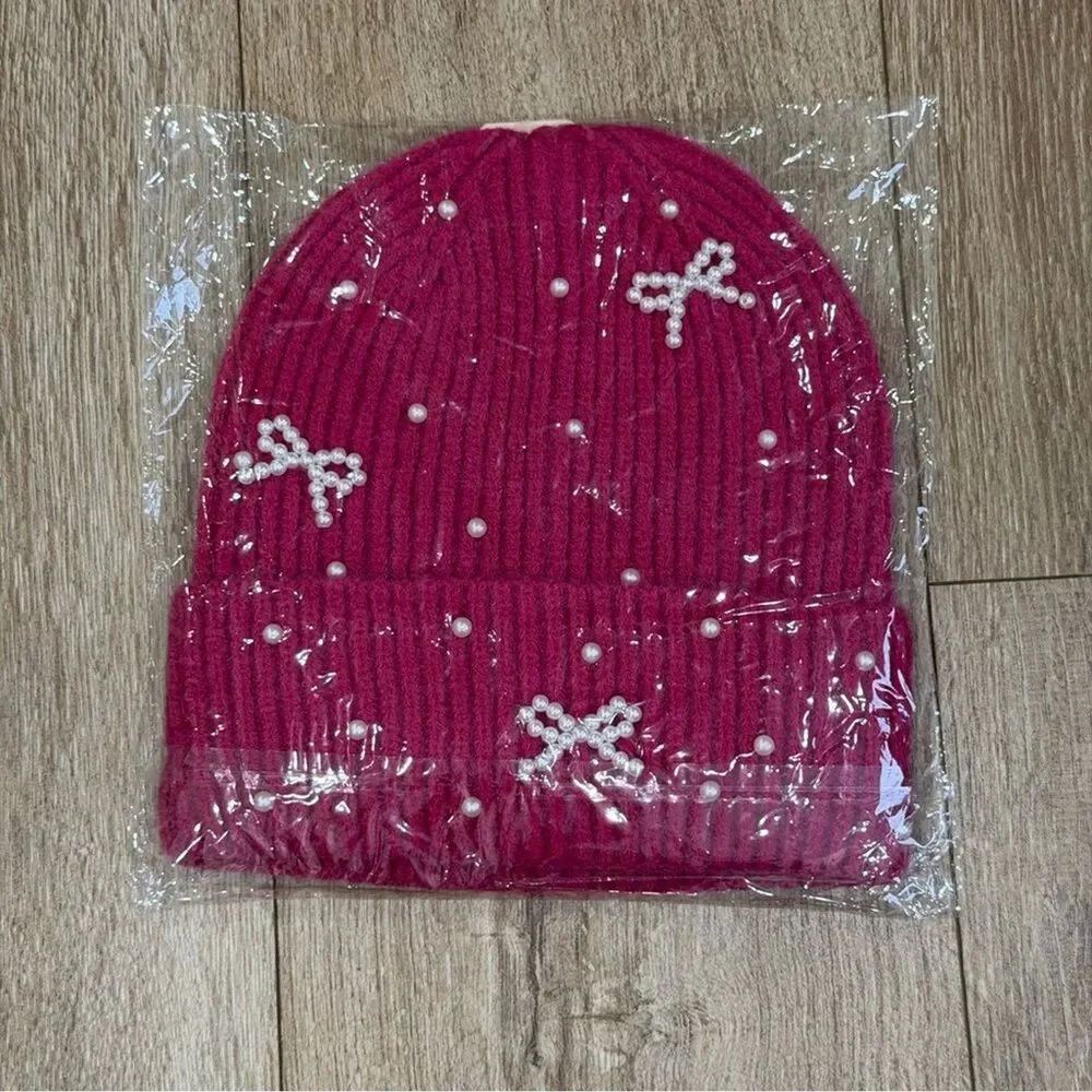 NWT Pearl Bow Charm Beanie Hat Fuchsia Hot Pink One Size for Women
